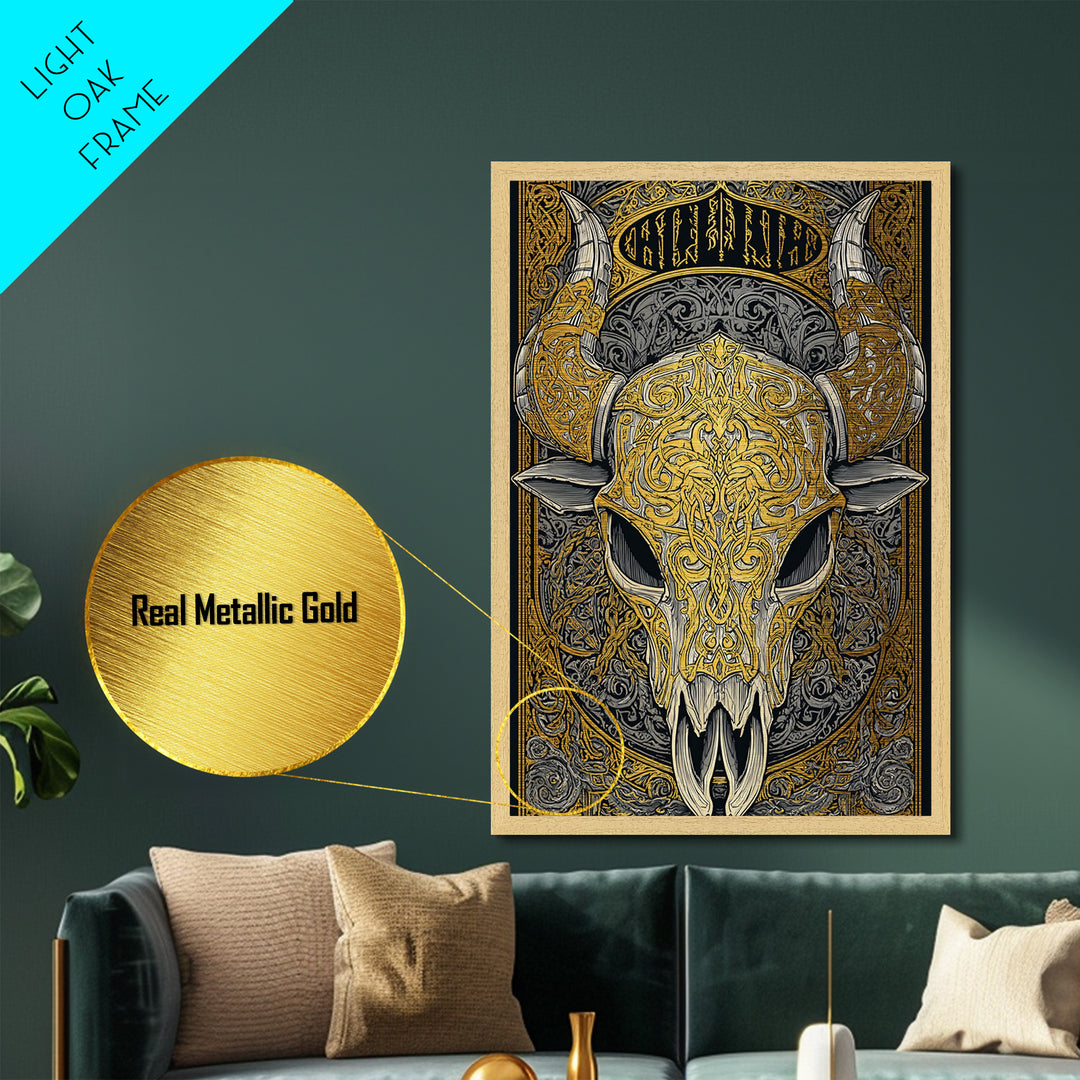 Rune Stone Metallic Gold Art, Ancient Viking Mythology Metal Art Perfect for Office or Dad Gift, framed with handcrafted wood