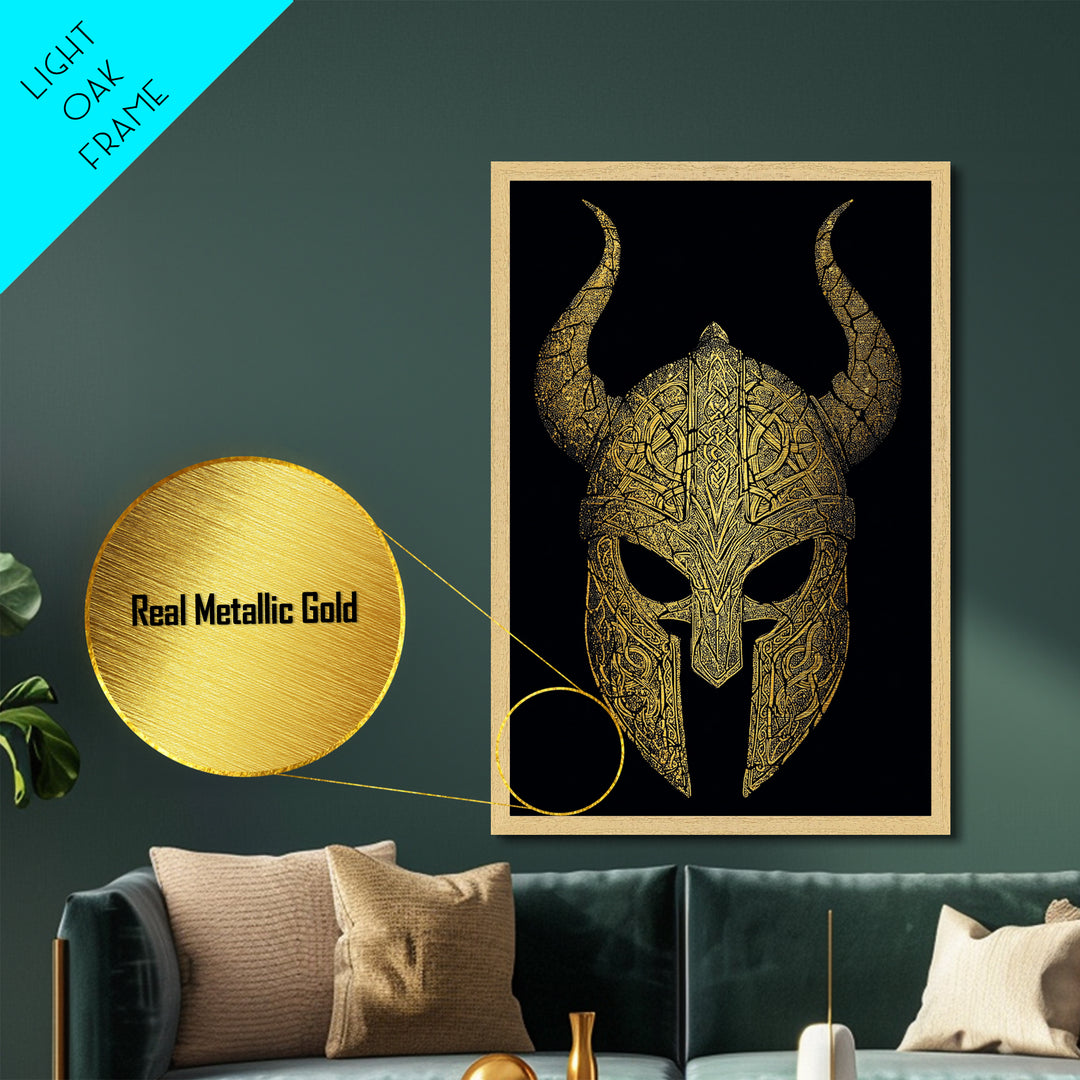 Norse Rune Monolith Metallic Gold Art, Nordic Mythology Metal Art Statement Piece for Office Decor, framed in real wood design
