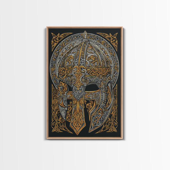 Viking Funeral Ship Canvas Gold Art, Norse Mythology Canvas Art Wall Decor for Man Cave or Office, framed in natural wood