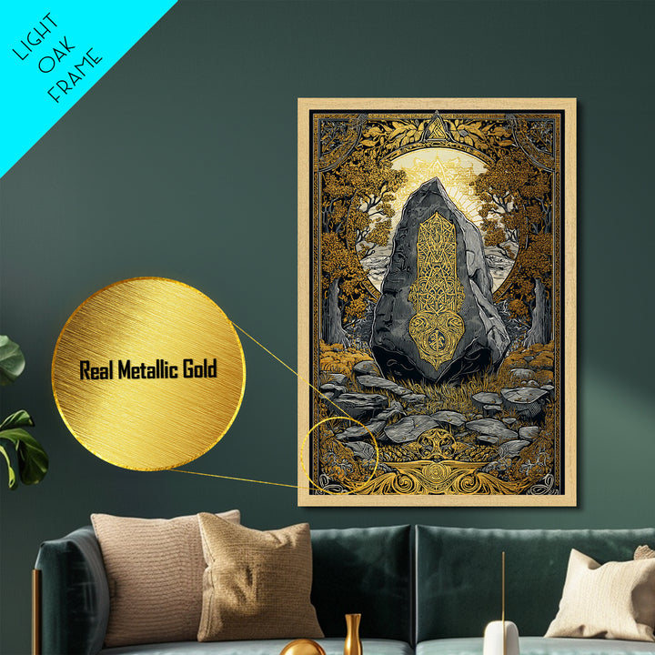 Viking Ship Wall Decor Metallic Gold Art Metal Art Nordic Longship Ocean Waves Office Art Man Cave Framed in Natural Wood
