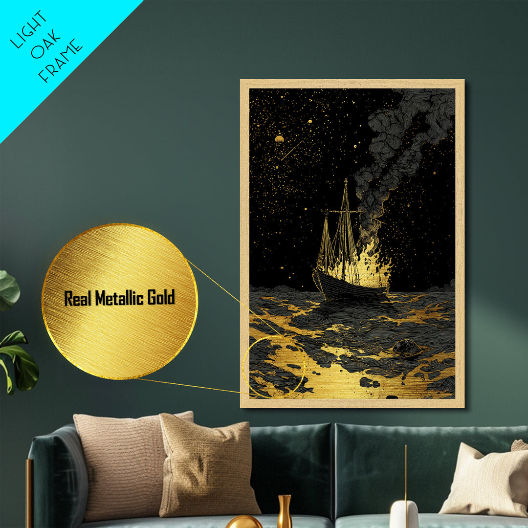 Metallic Gold Art Metal Art Viking Ship with Dragon Sail Nordic Mythology Decor Man Cave Wall Art Dad Gift with Real Wood Frame