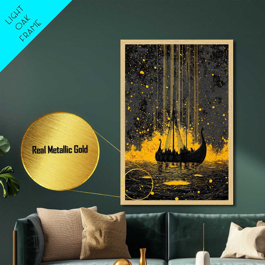 Nordic Longship Ocean Voyage Metallic Gold Art Metal Art Viking Decor for Men’s Office or Den Framed in Solid Wood Handmade