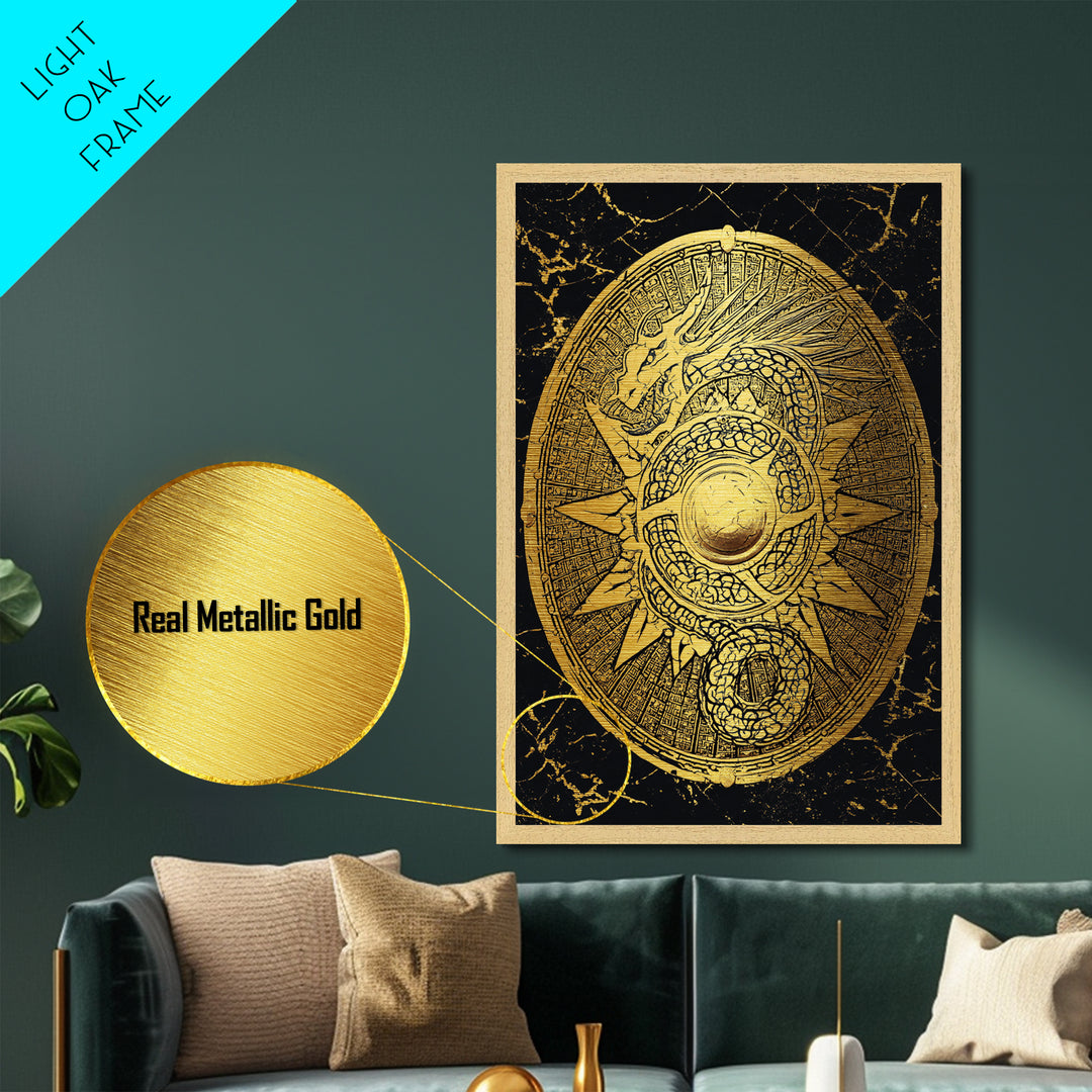 Norse Dragon Shield Metallic Gold Art, Viking Inspired Metal Art for Men’s Office or Dad Gift, crafted with real wood frame