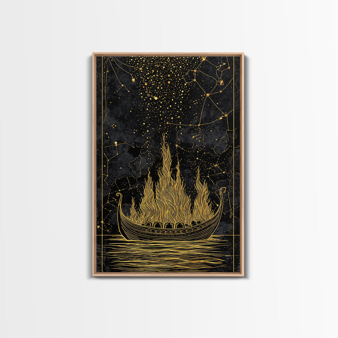 Burning Viking Funeral Ship Canvas Gold Art Canvas Art Norse Mythology Wall Art Nordic Decor Man Cave Piece with Real Wood Frame