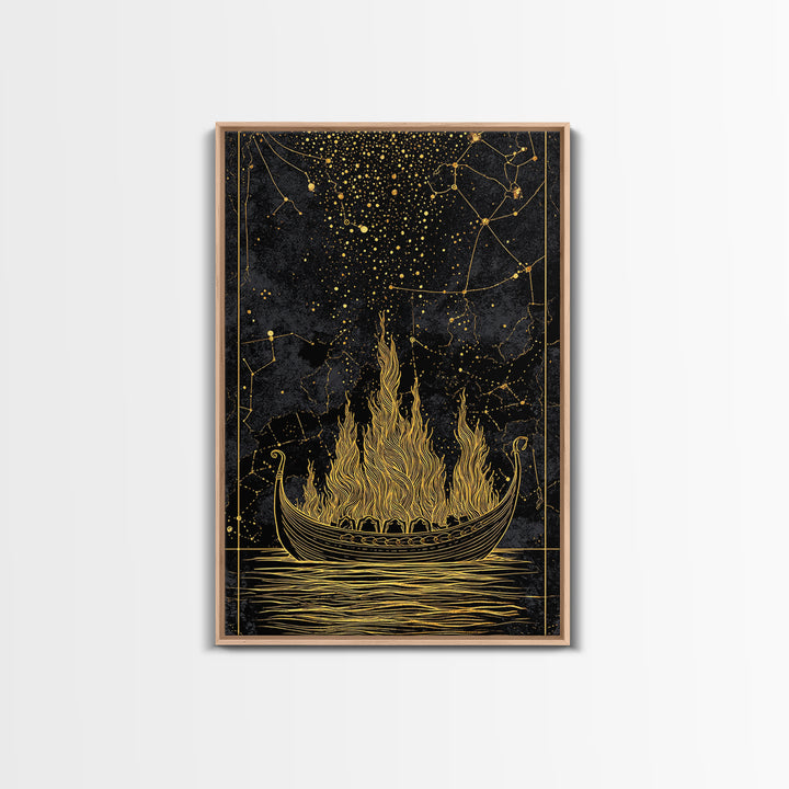 Burning Viking Funeral Ship Canvas Gold Art Canvas Art Norse Mythology Wall Art Nordic Decor Man Cave Piece with Real Wood Frame