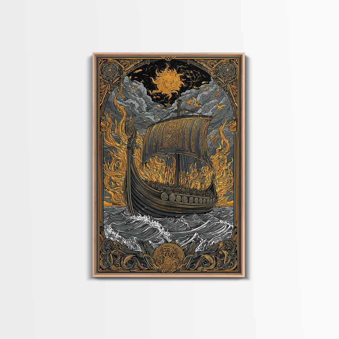 Canvas Art Canvas Gold Art Viking Ship in Flames Norse Funeral Pyre Nordic Mythology Decor Office or Man Cave Framed in Real Wood