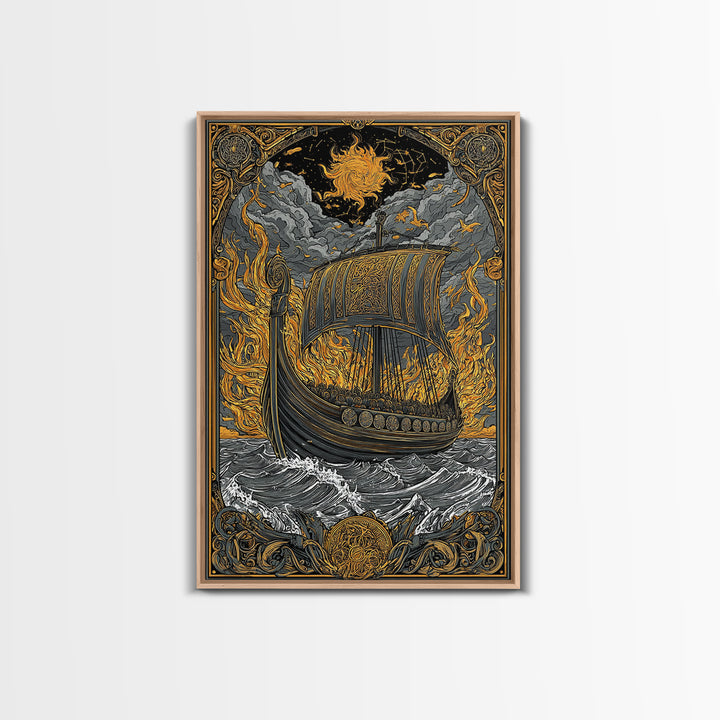 Canvas Art Canvas Gold Art Viking Ship in Flames Norse Funeral Pyre Nordic Mythology Decor Office or Man Cave Framed in Real Wood