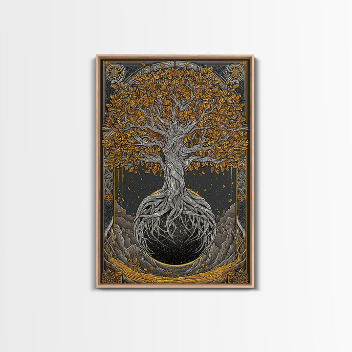 Canvas Gold Art Canvas Art Nordic World Tree Yggdrasil Norse Mythology Decor Viking Wall Art Man Cave Office Art with Real Wood Frame