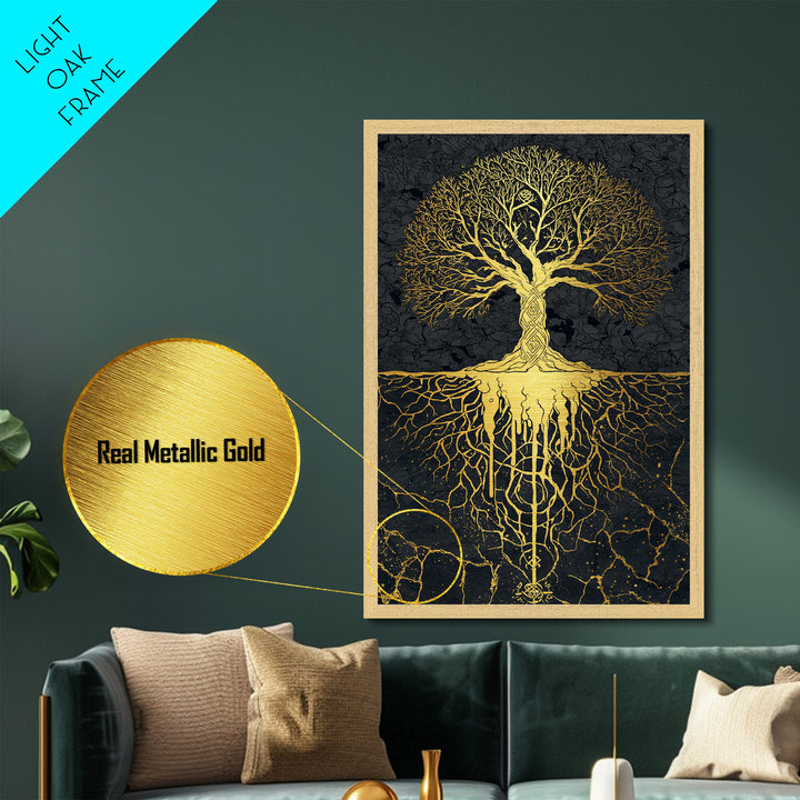 Norse Mythology Yggdrasil Tree Metallic Gold Art Metal Art Viking Decor Wall Art Nordic Symbolism Dad Gift Framed in Solid Wood