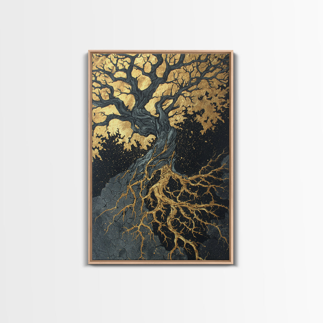 Canvas Gold Art Canvas Art Yggdrasil Tree of Life Norse Mythology Decor Viking Wall Art Nordic Office or Man Cave in Wood Frame