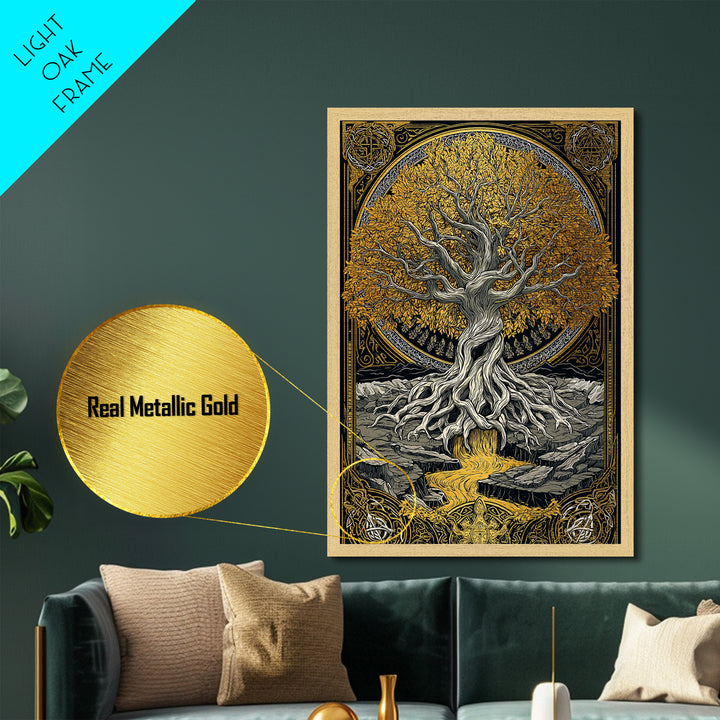 Nordic Yggdrasil Wall Decor Metallic Gold Art Metal Art Norse Mythology Tree of Life Viking Style Office Art Framed in Real Wood