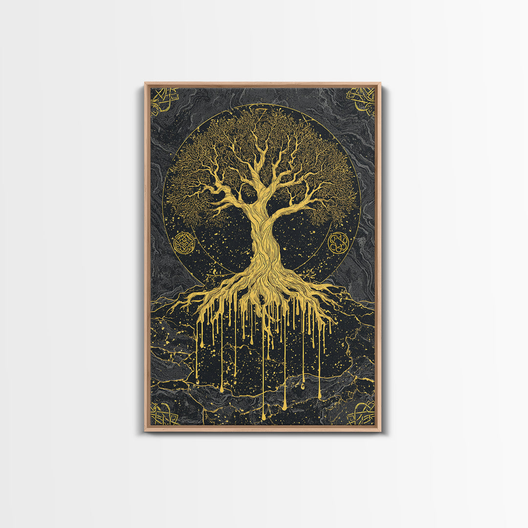 Yggdrasil Canvas Gold Art Canvas Art | Norse World Tree Design Framed in Natural Wood | Nordic Mythology Office & Man Cave Decor
