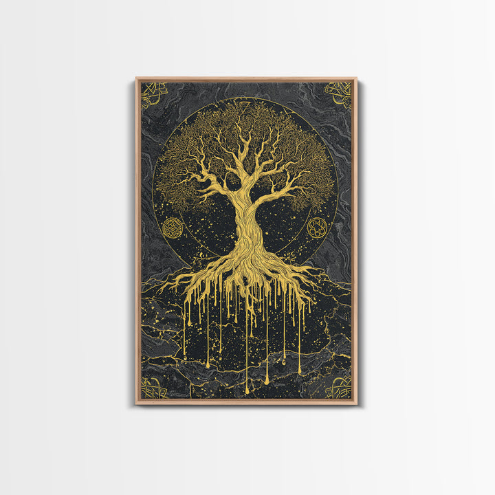 Yggdrasil Canvas Gold Art Canvas Art | Norse World Tree Design Framed in Natural Wood | Nordic Mythology Office & Man Cave Decor