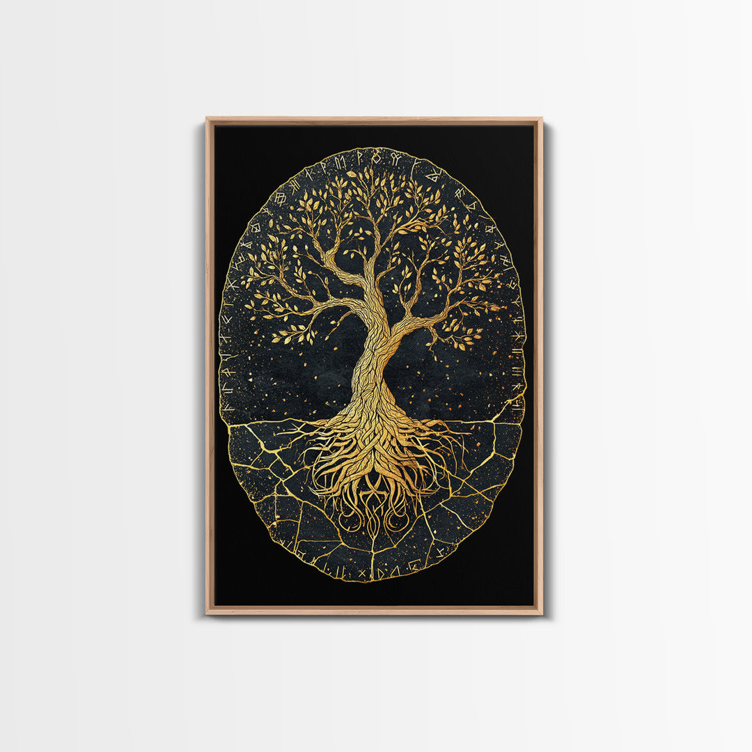 Yggdrasil Norse World Tree Canvas Gold Art Canvas Art Viking Mythology Wall Art Nordic Decor Dad Gift Framed with Natural Wood
