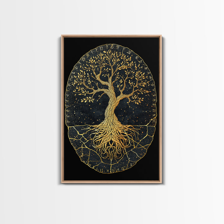 Yggdrasil Norse World Tree Canvas Gold Art Canvas Art Viking Mythology Wall Art Nordic Decor Dad Gift Framed with Natural Wood