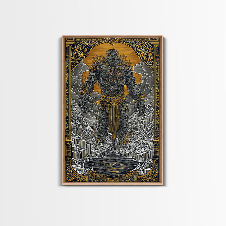 Canvas Gold Art Canvas Art of Ymir | Norse Mythology Wall Art with Natural Wood Frame | Viking Decor for Office, Study, or Man Cave