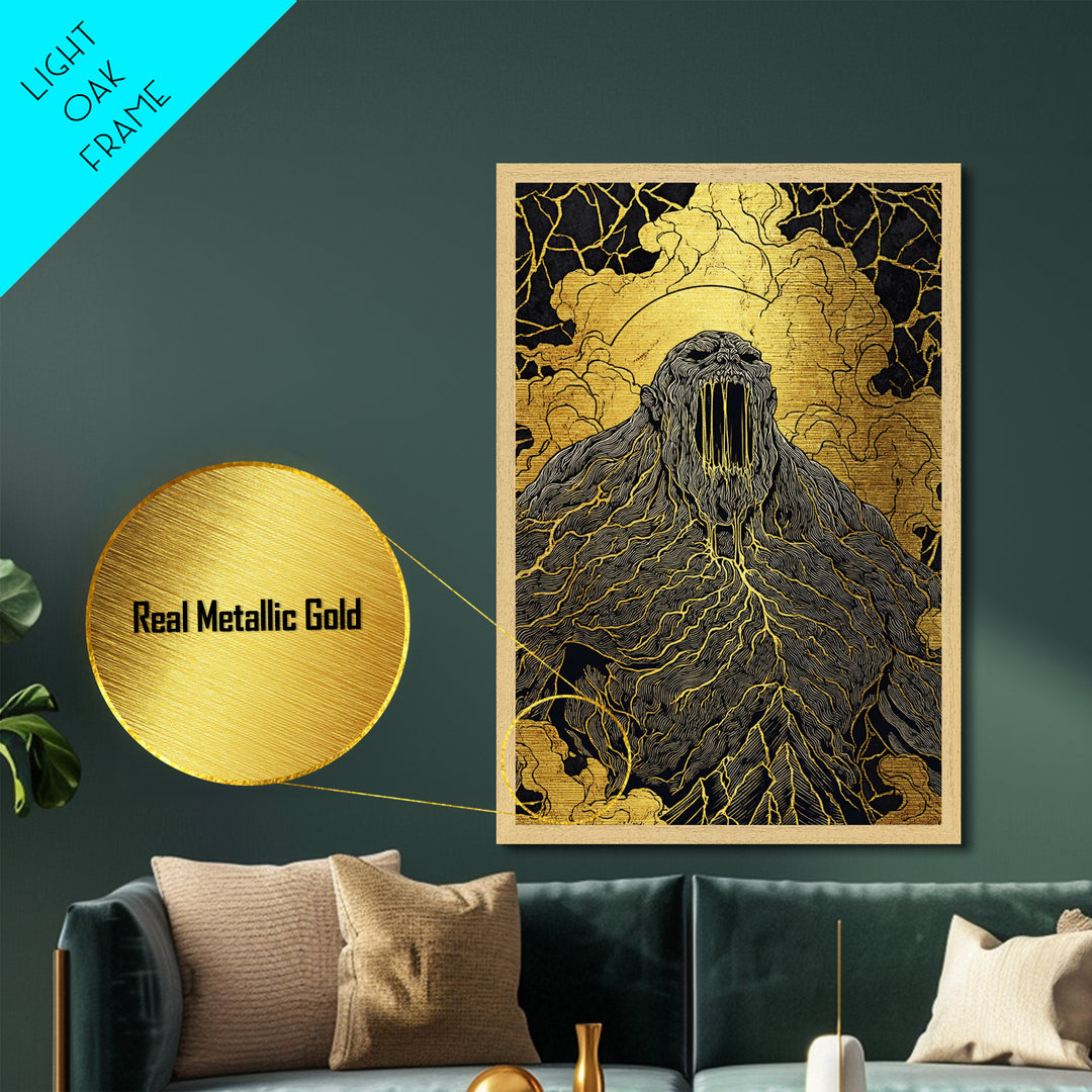 Nordic Ymir Mythology Metallic Gold Art Metal Art | Giant Norse Wall Decor in Real Wood Frame | Man Cave, Office & Dad Gift Art