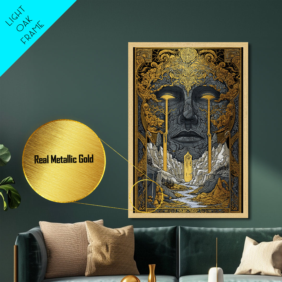 Nordic Mythology Metallic Gold Art Metal Art | Yggdrasil Tree of Life Wall Art with Real Wood Frame | Viking Office & Dad Gift