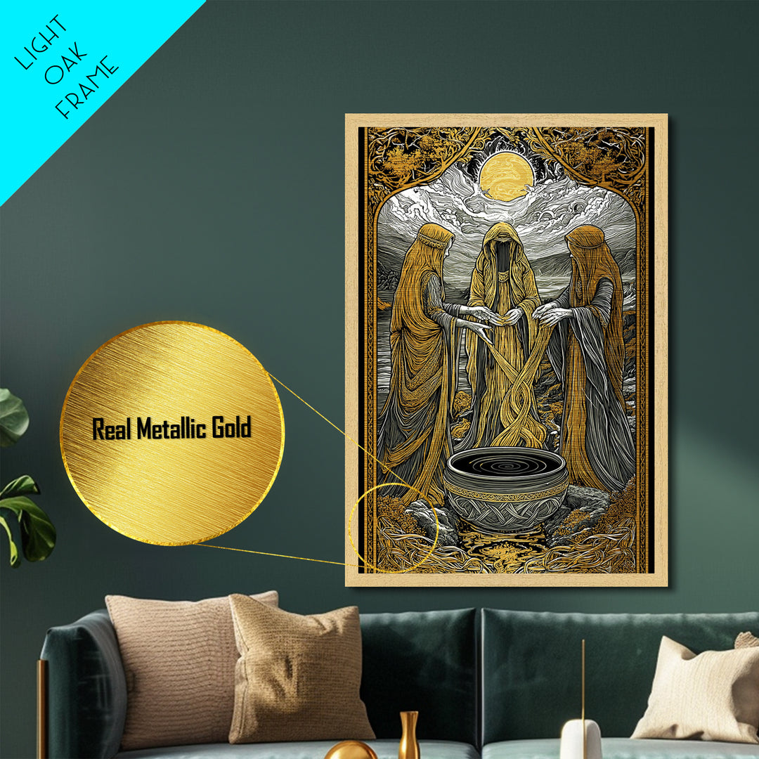 Norns Weaving Fate Metallic Gold Art, Norse Mythology Metal Art of Urd, Verdandi, Skuld, Viking Wall Art framed in real wood