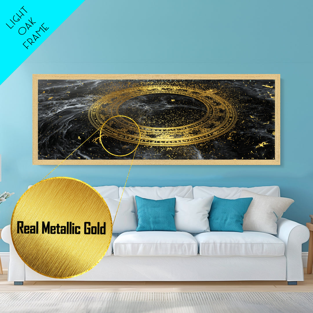Norse Runes Metallic Gold Art, Viking Symbol Metal Art framed in real wood, Nordic Mythology Office Wall Decor, Man Cave Gift Idea