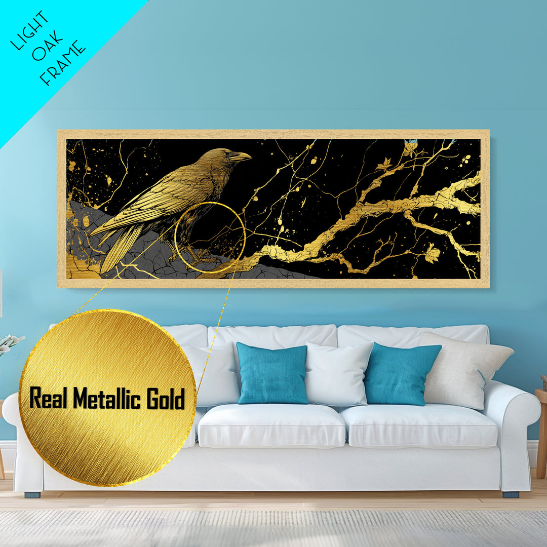 Odin’s Raven Metallic Gold Art Norse Mythology Metal Art Viking Wall Decor with natural wood frame, Man Cave or Office Gift
