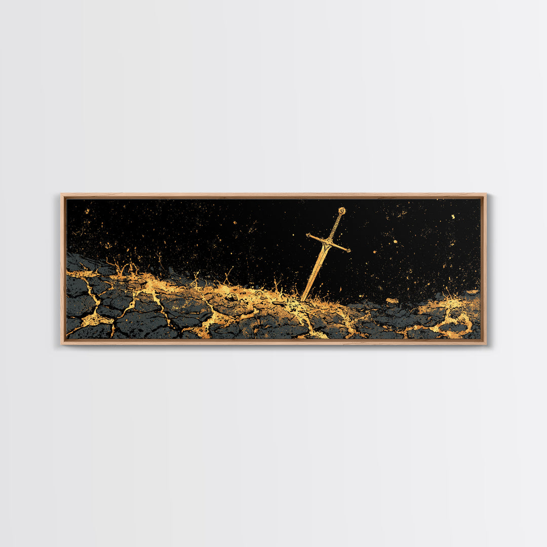Viking Sword in Earth Canvas Gold Art Norse Mythology Canvas Art for Man Cave Decor with real wood frame, Office Warrior Gift