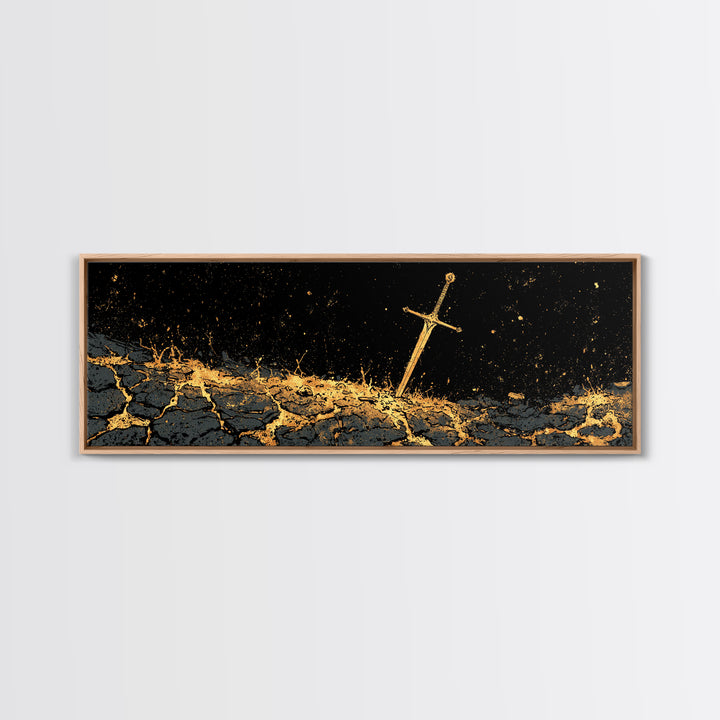 Viking Sword in Earth Canvas Gold Art Norse Mythology Canvas Art for Man Cave Decor with real wood frame, Office Warrior Gift