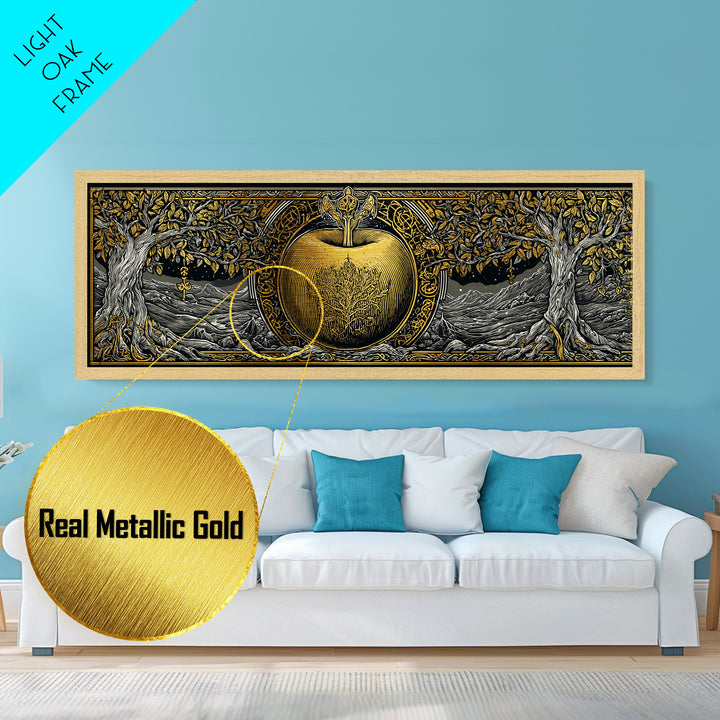 Norse Garden of Idunn Metallic Gold Art Viking Mythology Metal Art Nordic Apple Decor with real wood frame, Man Cave Wall Art