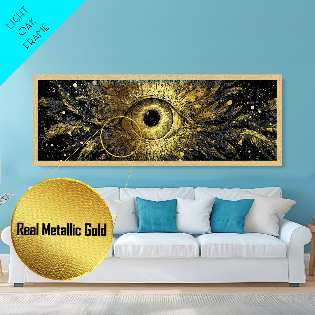 Odin’s All-Seeing Eye Metallic Gold Art Nordic Wall Decor Metal Art for Office or Man Cave, framed in natural wood