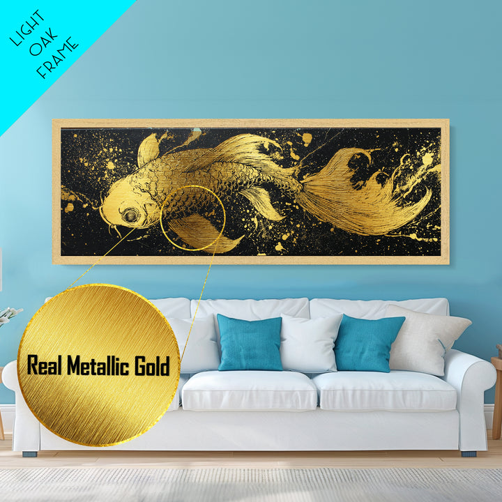 Koi Fish Metallic Gold Art Japanese Nordic Fusion Wall Art Metal Art with real wood frame, great Viking Dad Gift or Office