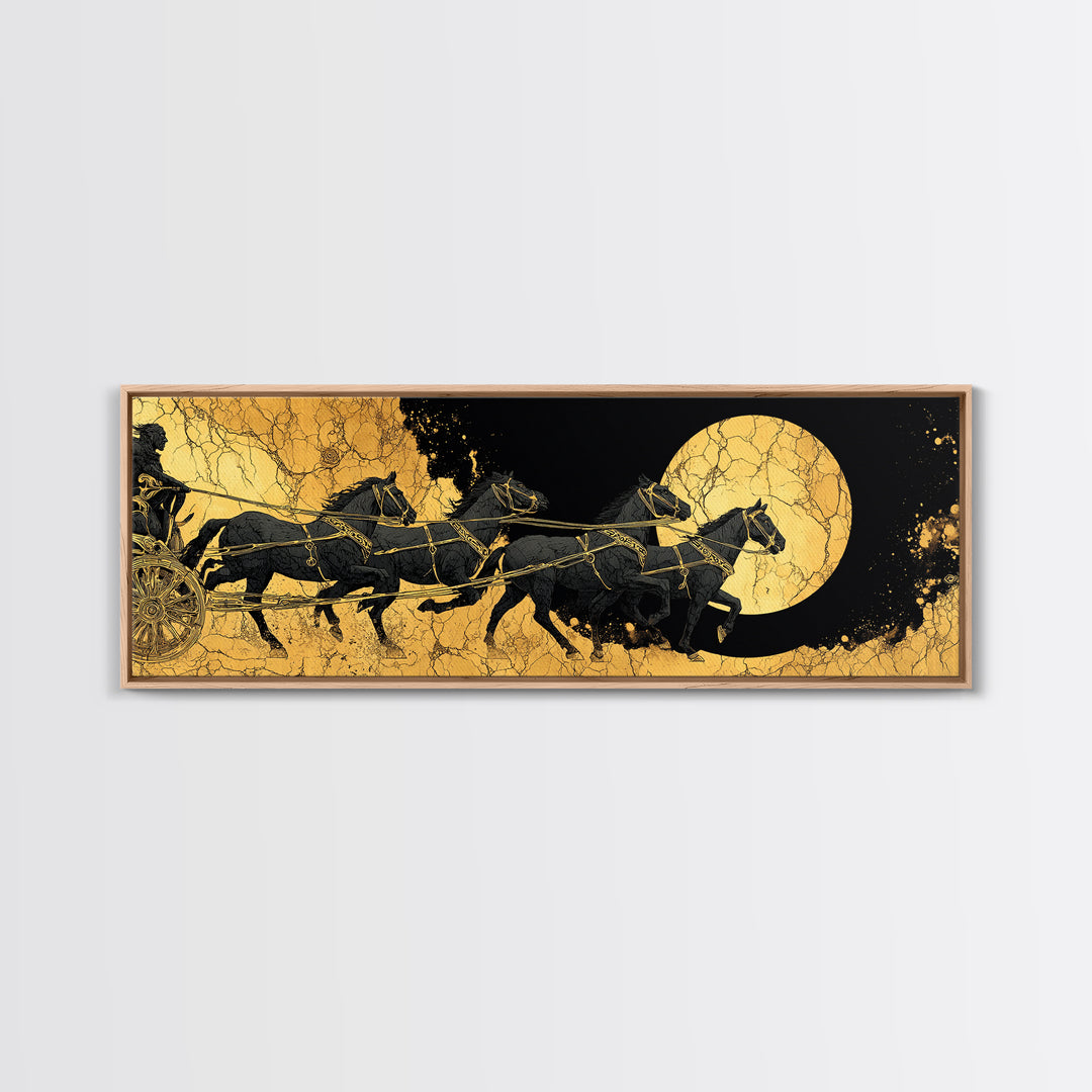 Sol’s Chariot Horses Canvas Gold Art Norse Mythology Canvas Art Wall Decor with wood frame, Viking Office or Man Cave