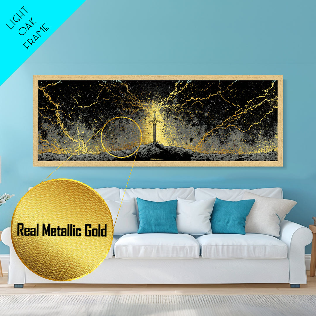 Legendary Sword Metallic Gold Art Norse Mythology Metal Art Wall Decor for Men, Office or Man Cave framed in real wood