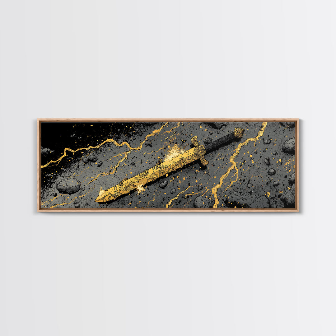 Ancient Norse Blade Canvas Gold Art Canvas Art Viking Decor with natural wood framing, Office Wall Art or Man Cave Gift