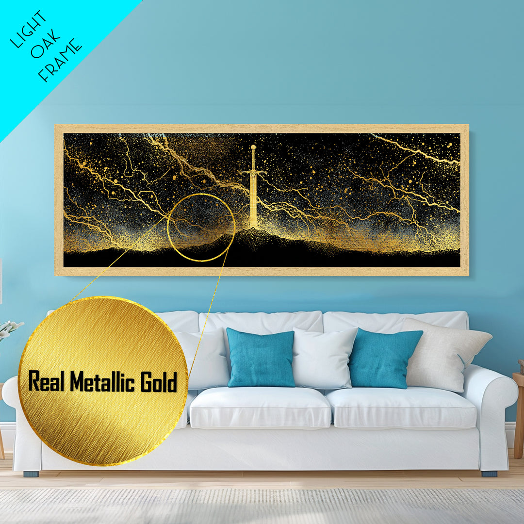 Mythic Sword of the Gods Metallic Gold Art Nordic Wall Decor Metal Art framed in real wood, perfect Man Cave or Dad Gift
