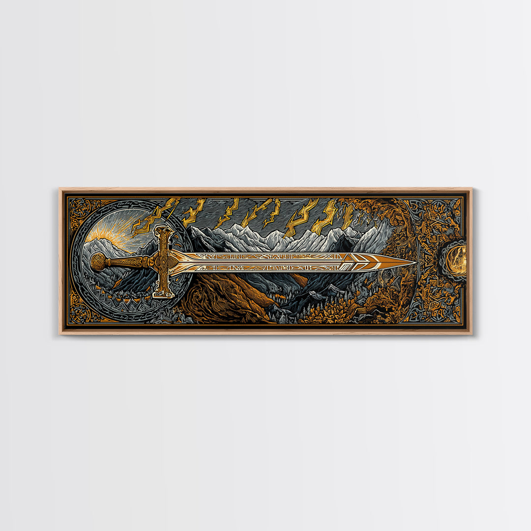 Norse Ornate Sword Canvas Gold Art Canvas Art Viking Mythology Wall Decor with real wood frame, Office Art for Men