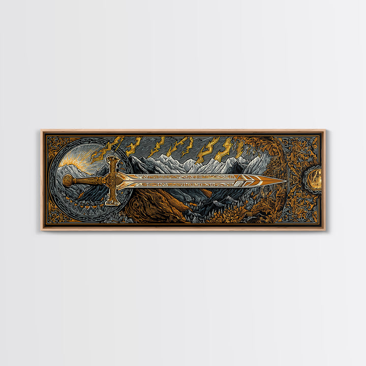 Norse Ornate Sword Canvas Gold Art Canvas Art Viking Mythology Wall Decor with real wood frame, Office Art for Men