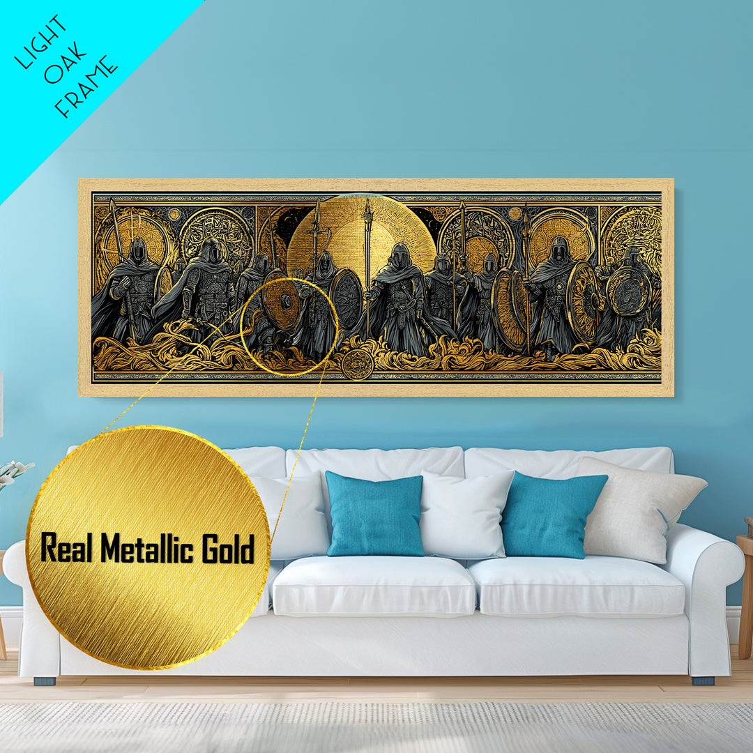 Einherjar Warriors Metallic Gold Art Norse Mythology Metal Art with wood framing, Viking Man Cave Wall Art for Dad Gift