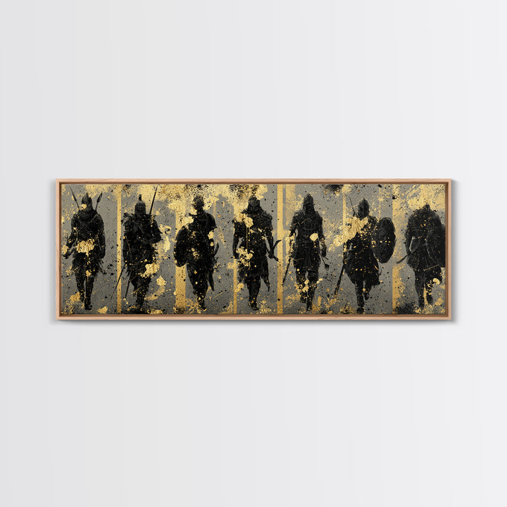 Viking Warriors Canvas Gold Art Norse Canvas Art Wall Decor framed in natural wood, perfect Office Art or Man Cave Decor