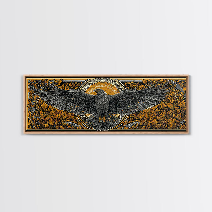 Odin’s Eagle Canvas Gold Art, Norse Mythology Canvas Art framed in real wood, Nordic Office Wall Decor, Viking Man Cave Gift