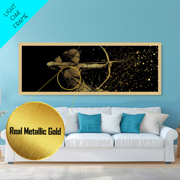 Archer Goddess Metallic Gold Art Norse Mythology Female Warrior Metal Art with real wood frame, Office Art or Dad Gift