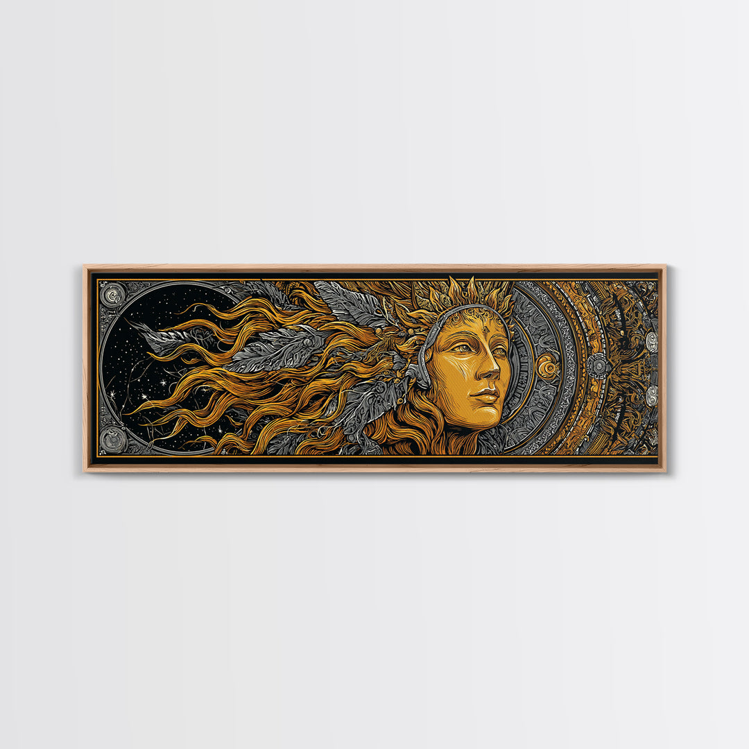 Canvas Art Canvas Gold Sun Goddess Norse Mythology Wall Decor, Nordic Office or Man Cave Art framed in natural wood