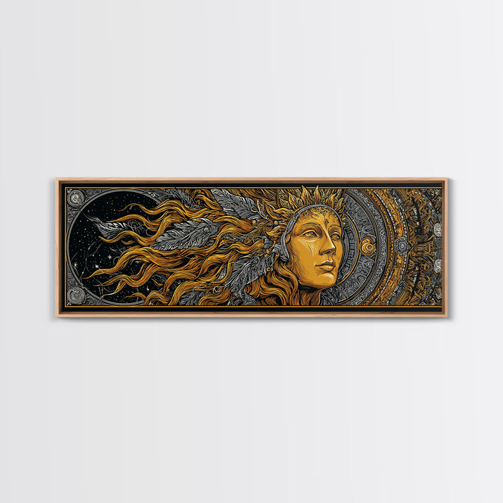 Canvas Art Canvas Gold Sun Goddess Norse Mythology Wall Decor, Nordic Office or Man Cave Art framed in natural wood