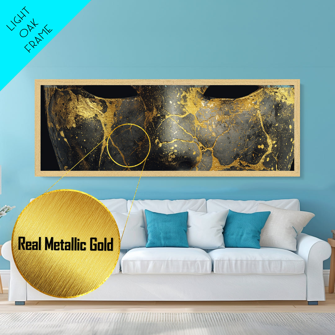 Kintsugi Mask Metallic Gold Art, Norse Mythology Metal Art Wall Decor, Unique Nordic Office Accent framed in real wood