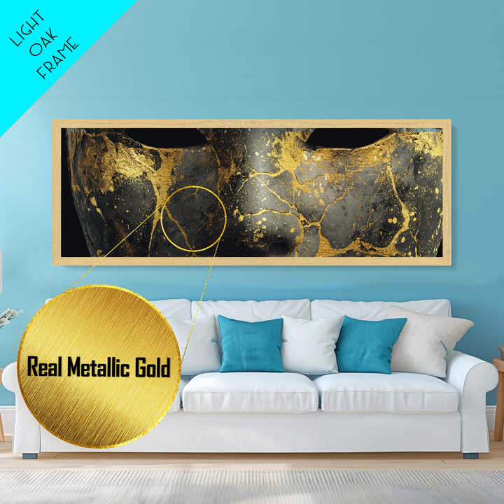 Kintsugi Mask Metallic Gold Art, Norse Mythology Metal Art Wall Decor, Unique Nordic Office Accent framed in real wood