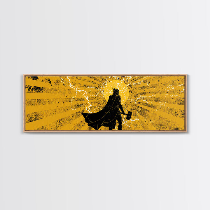 Thor Lightning Hammer Canvas Gold Art, Viking Canvas Art Wall Decor, Norse Mythology Office or Dad Gift in wood frame