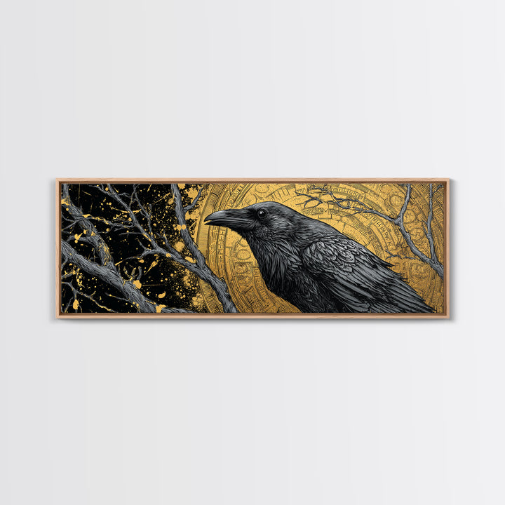 Canvas Art of Odin’s Raven Huginn Canvas Gold Art, Norse Mythology Decor with natural wood frame, Nordic Office or Dad Gift