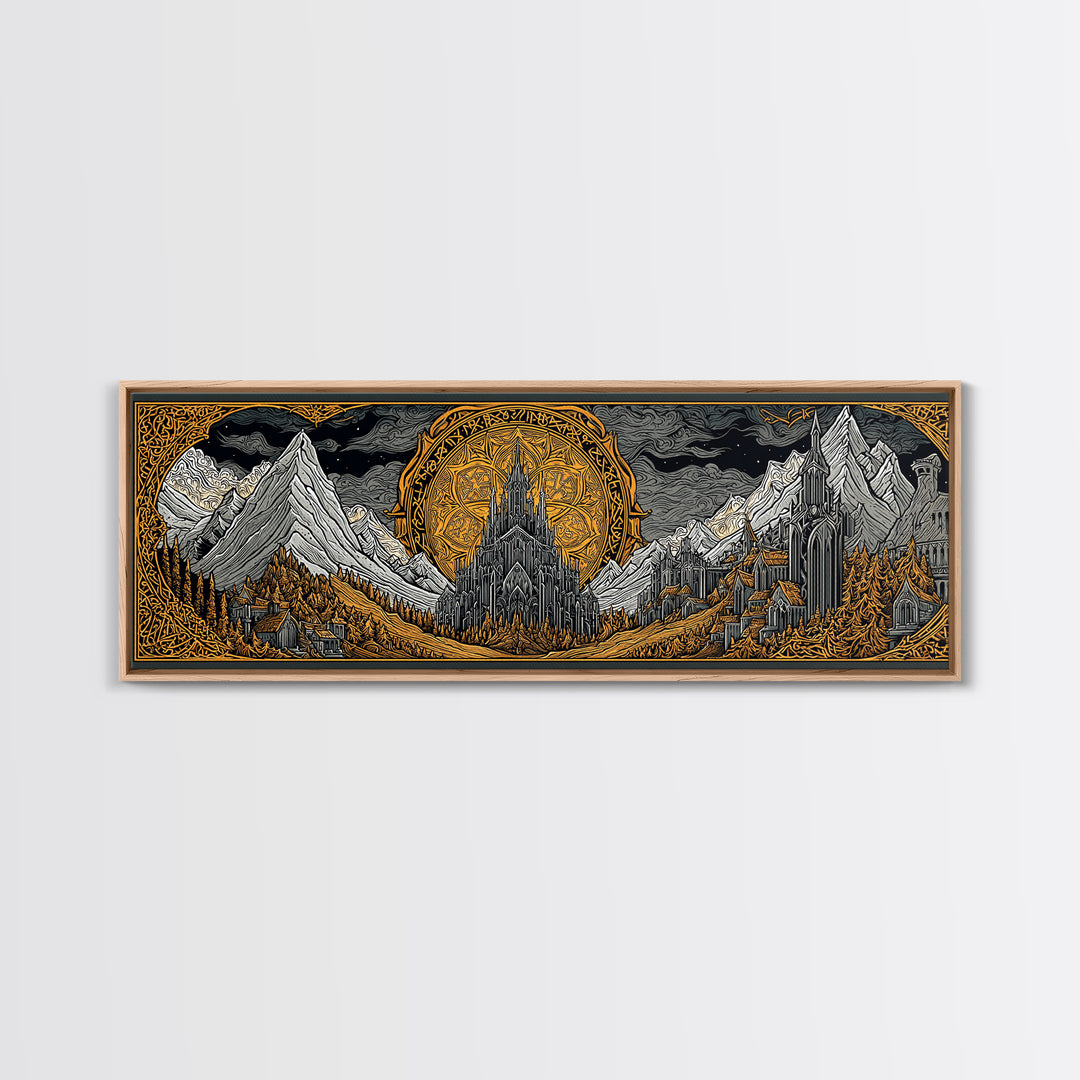 Asgard City Canvas Gold Art, Norse Mythology Canvas Art Wall Hanging, Nordic Office or Man Cave Decor framed in natural wood
