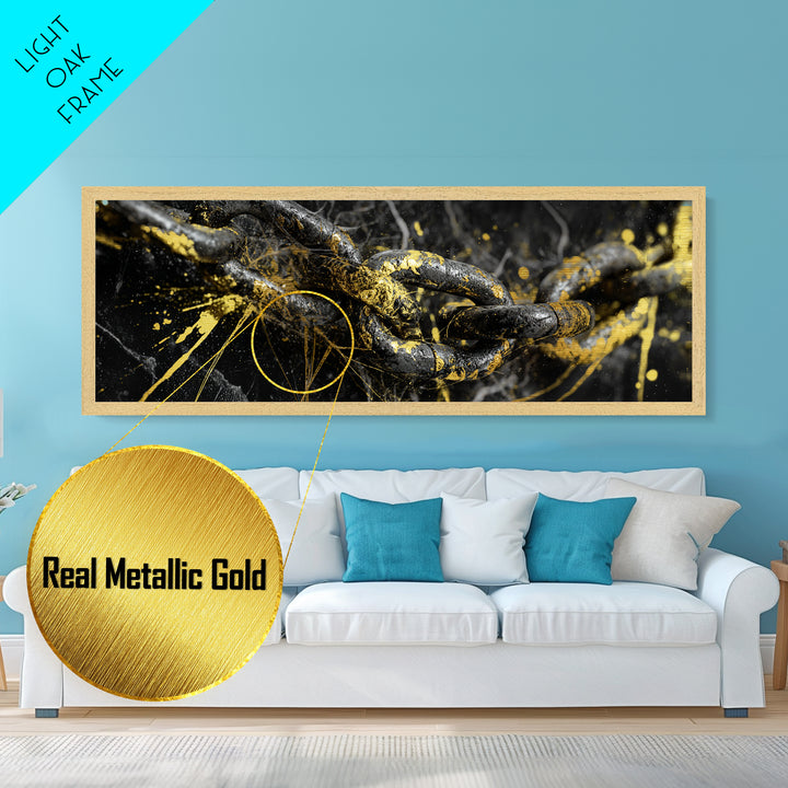 Nordic Chain Symbol Metallic Gold Art Metal Art, Norse Mythology Office Decor for Men, framed in natural real wood