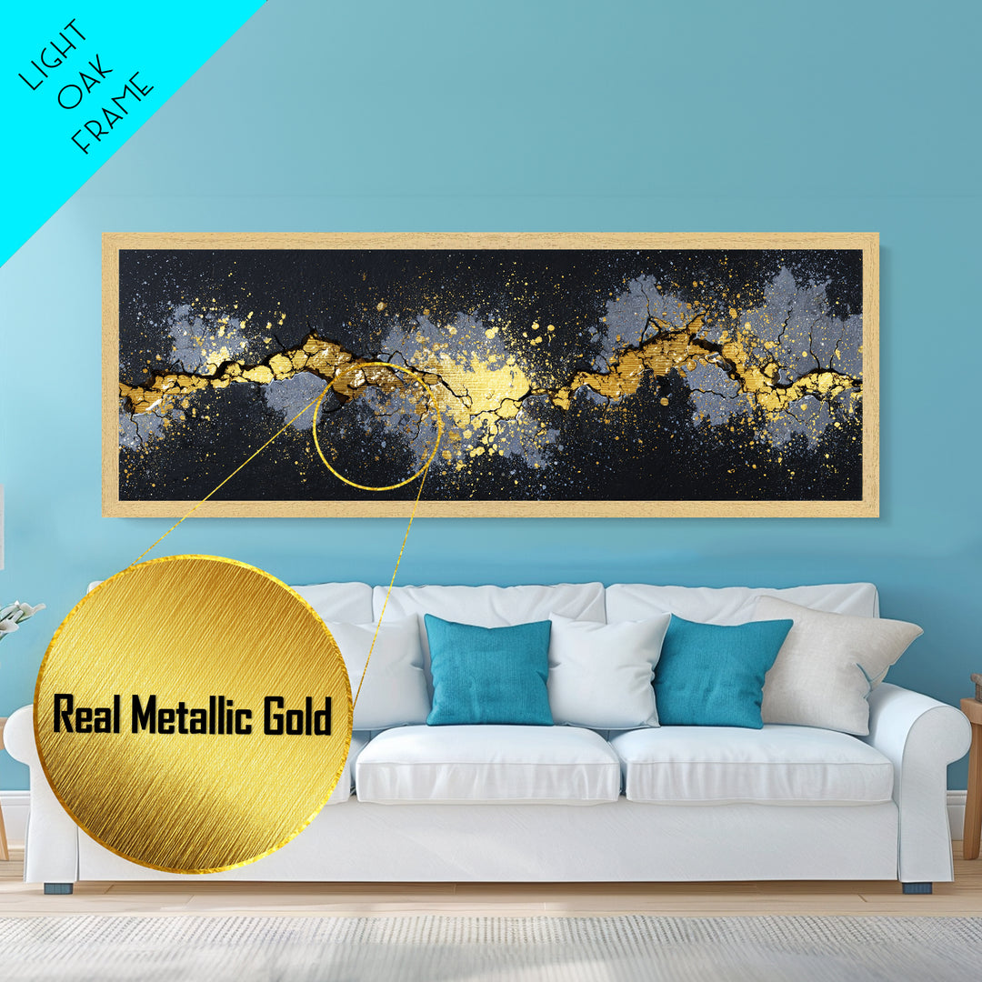 Cracked Stone Nordic Wall Metallic Gold Art Metal Art, Viking Mythology Office Art Man Cave Decor, with real wood frame