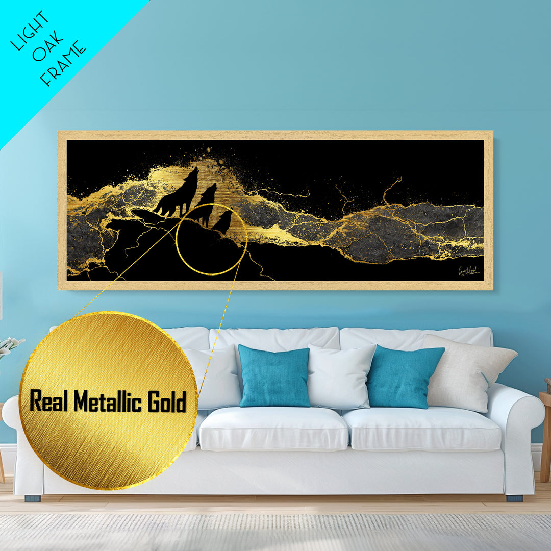 Howling Wolves Norse Metallic Gold Art Metal Art, Nordic Mythology Office Art for Dad Gift or Man Cave, natural wood framed